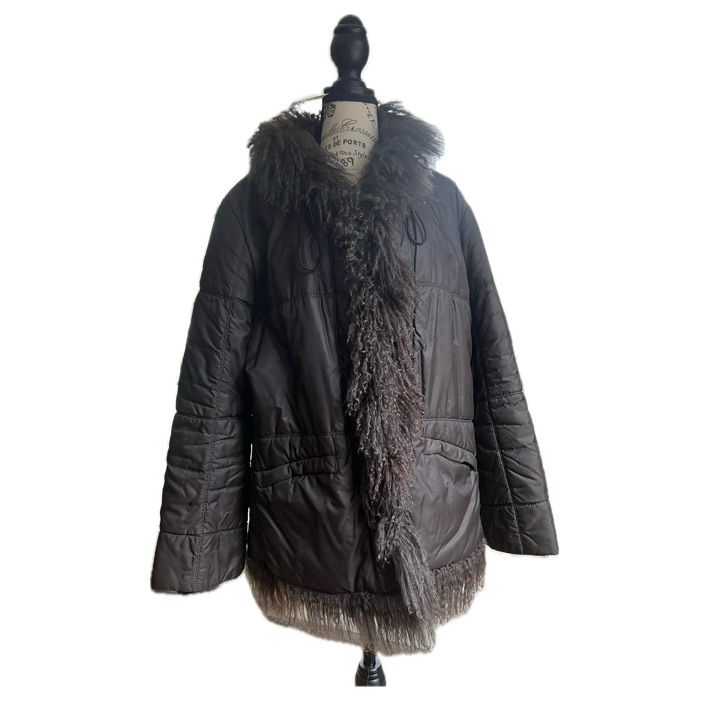 Blacky Dress coat with hood and Mongolian lamb fur trim